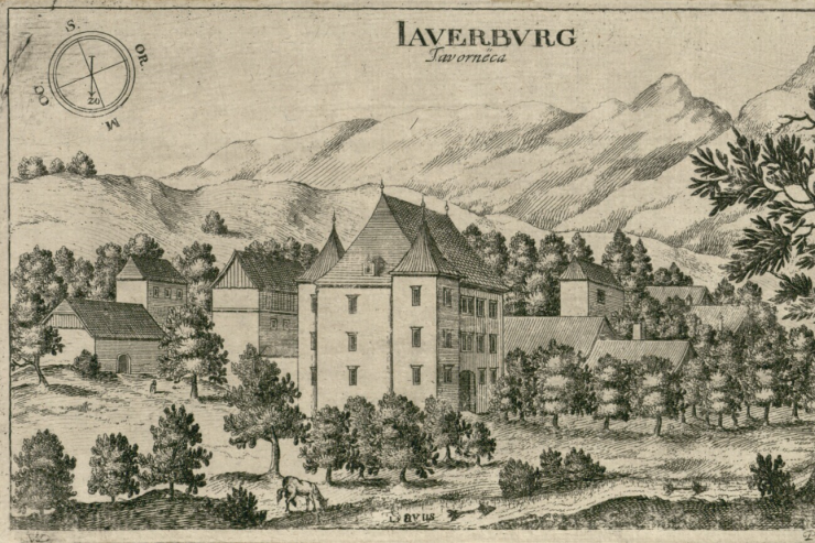 Najstarejša znana upodobitev graščinskega jedra Javornika na Valvazorjevem bakrorezu / Vir: J. V. Valvazor, Slava vojvodine Kranjske, 1689