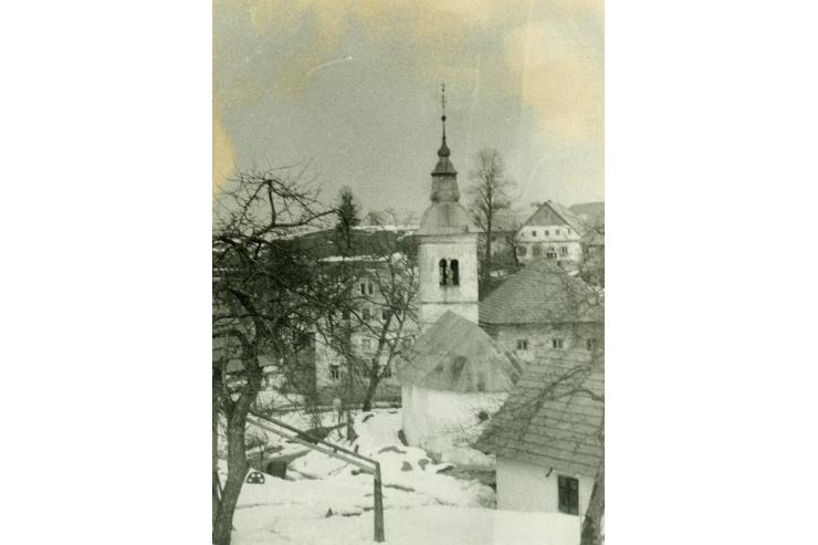 Breznic pri Žireh, okrog 1970. Šemoncova hiša desno zgoraj