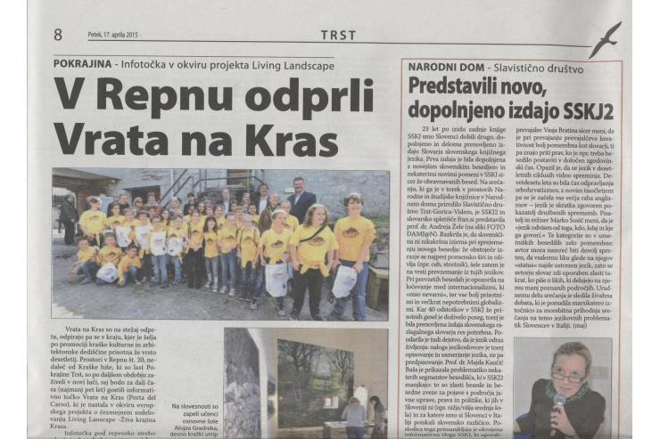 Opis otvoritve infotočke 'Vrata na Kras', Primorski dnevnik 17.aprila 2015
